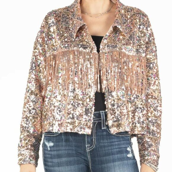 Miss Me Jackets & Blazers - Miss Me  Geometric Sequin Fringe Jacket